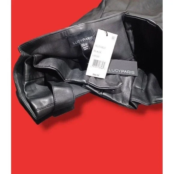 Lucy Paris Belted Paper Bag Waist Black Faux Leather High Rise Womens Sz L Pant - Picture 11 of 16